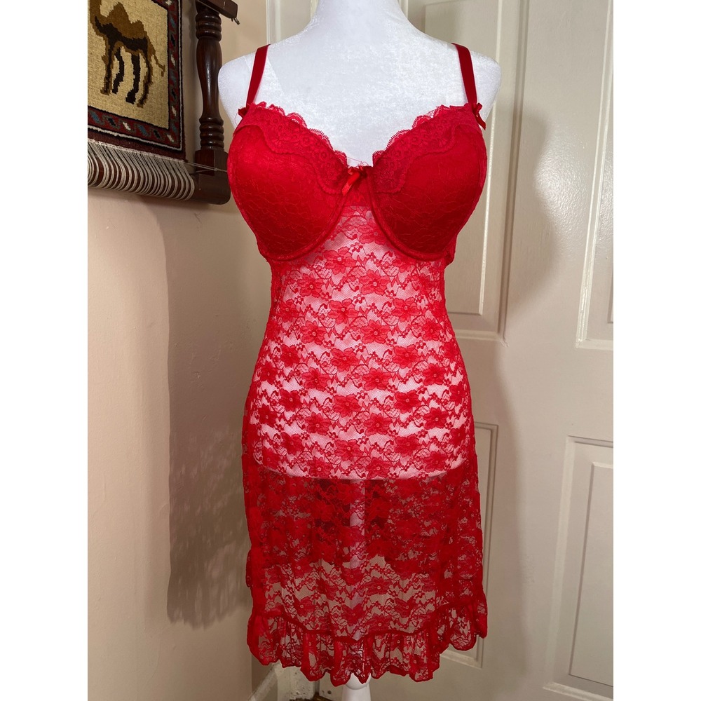 Dreamwear Chemise Women 22/24 Red Lace Underwire Ruffle Back Babydoll Plus Size